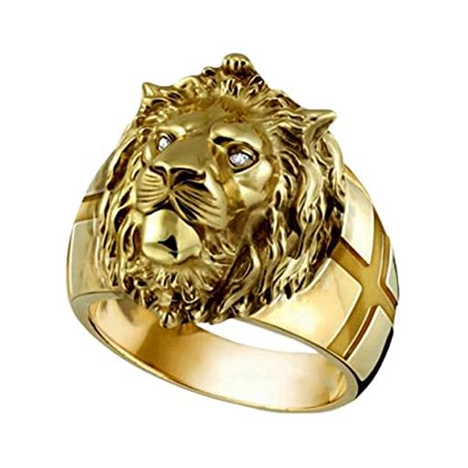 MayiaHey anello leone in oro, anello gotico con croce di leone da uomo, anello con testa di leone in oro ghiacciato, leone vichingo, anello con pietra bianca, per ragazzi, punk, leone, hip hop, small