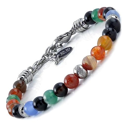 10:10 bracciale con pietre naturali di agata multicolor, beads in acciaio inox, bracciale molto resistente prodotto in italia