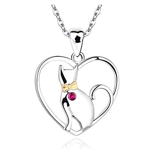 JO WISDOM collana gatto nel cuore argento 925 donna con zirconia cubica cristallo luglio birthstone colore rubino