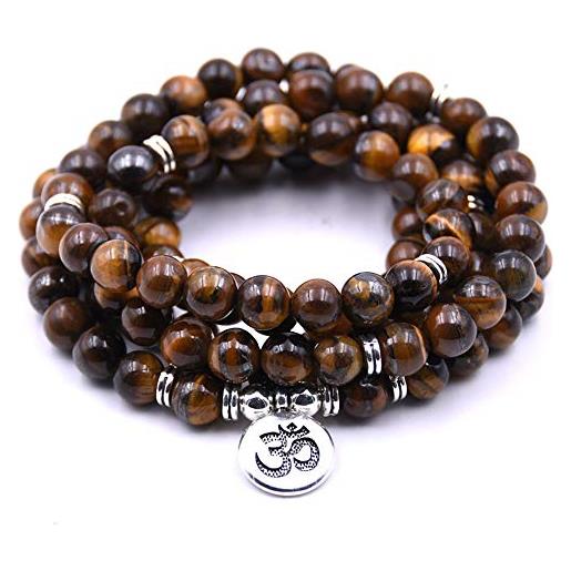Self-Discovery 108 perline naturali mala yoga gioielli collana braccialetto perline meditazione con fascino simbolo yoga (occhio di tigre marrone (brown tiger eye))