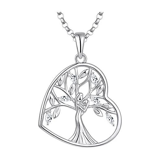 JO WISDOM collana di albero della vita argento 925 donna, ciondolo con catena cuore madre figlia zirconia cubica 3a