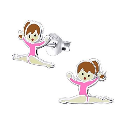Katy Craig - coppia di orecchini piccoli a bottone in argento sterling a forma di ginnasta bambina con body rosa