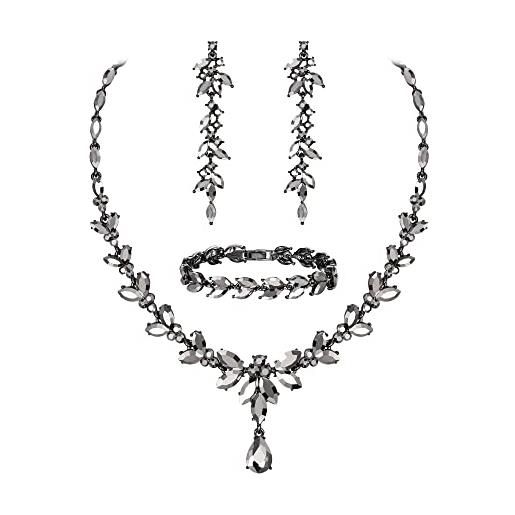 EVER FAITH set di gioielli da sposa in cristallo austriaco per donna, elegante collana con foglie di strass marquise, orecchini pendenti e bracciale da tennis nero-fondo