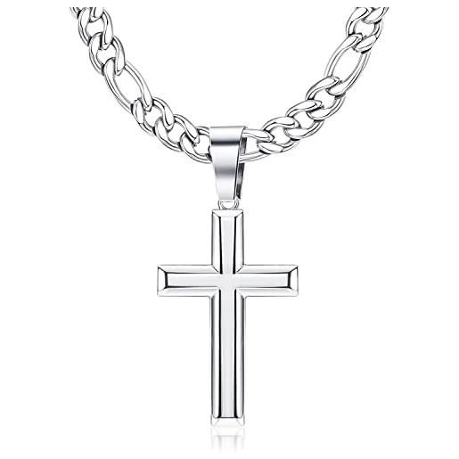 Roheafer collana croce uomo in argento sterling 925 con catena in acciaio inossidabile 5 mm collana pendente croce bordo smussato lucido per uomo donna 46-76 cm