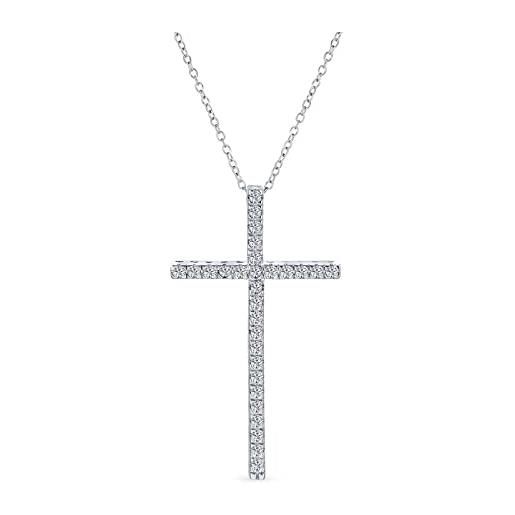 Bling Jewelry cubic zirconia pave cz semplice lunga croce pendente collana per le donne per l'adolescenza. 925 sterling silver 1.75 in con catena