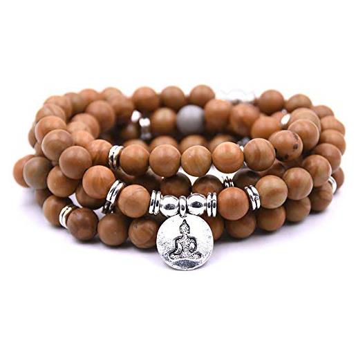 Self-Discovery natural 108 mala beads bracciale collana gioielli da meditazione con ciondolo yoga (grano di legno (wooden grain))