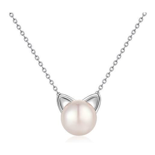 jiamiaoi collana donna argento 925, collana gatto con collana di perle d'argento perla per donne, collana gatto per ragazze, catena pendente d'argento 45cm collana con pendente di gatto