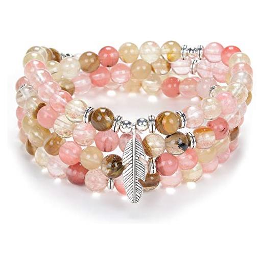 Self-Discovery Mala braccialetto di perline yoga ispiratore 108 collana di pietra mala con delicato ciondolo piuma portafortuna (tormalina rosa anguria (pink watermelon tourmaline))