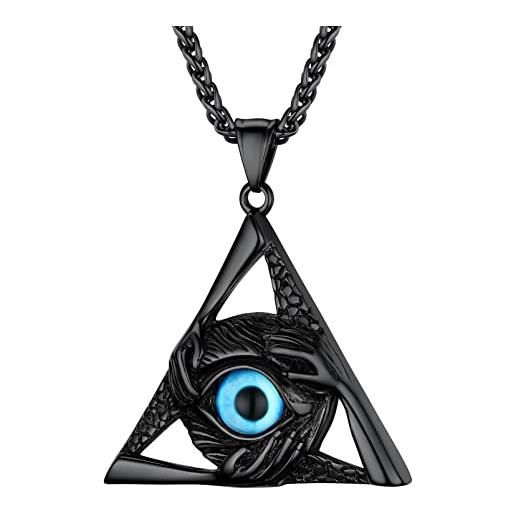 PROSTEEL collana uomo con occhio blu e tre mani placcato nero, collana amuleto protezione in acciaio inox con confezione regalo