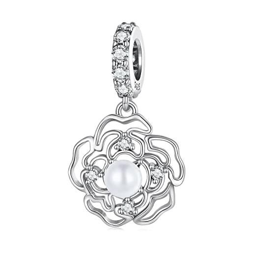 Fanona charms pendente perla per bracciale pandora, 925 charms camelia in argento sterling con scatola di gioielli