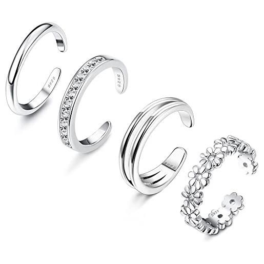 LOLIAS 4 pezzi set di anelli aperti argento sterling 925 anelli open toe ring per donna ragazze anelli aperti regolabili ipoallergenici anelli con coda anello piede spiaggia gioielli