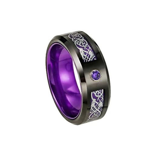 HIJONES anelli del drago celtico con intarsio in fibra di carbonio da 8 mm da uomini donne in acciaio inossidabile banda di zirconi intarsiati da sposa argento viola taglia 22
