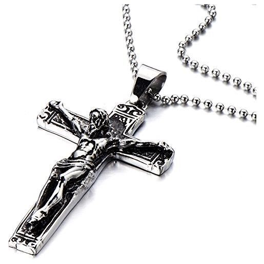 COOLSTEELANDBEYOND crocifisso croce, collana con pendente da uomo, ciondolo croce, acciaio, gotico biker, argento nero, catena 75cm