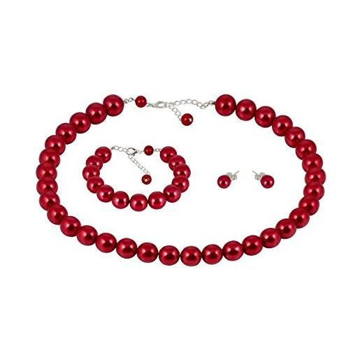ba bijou-art collana di perle rosse, orecchini in titanio, set di gioielli con perle grandi, 1,4 cm, placcato in argento