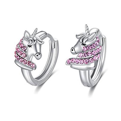 AOBOCO orecchini unicorno bambini argento sterling 925 cerchi con cristalli, gioielli regalo di compleanno per ragazze donne (rosa)