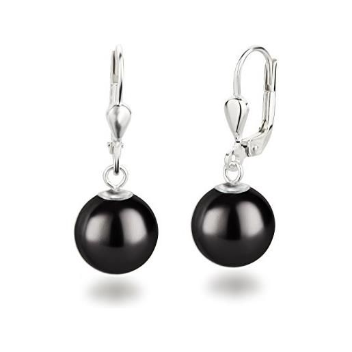 Schöner Schmuck-Design sd, bellissimi orecchini pendenti con perle, in argento 925, con perle rotonde dalla dimensione di 10 mm e argento, colore: nero , cod. Oh-ku10-s