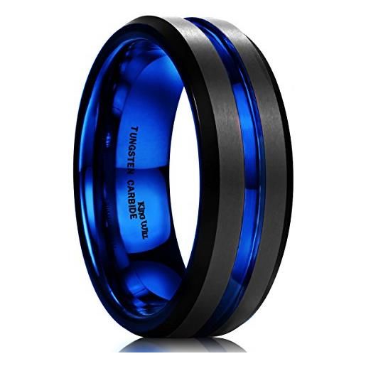 King Will - anello doppio da uomo, 7 mm, con finitura opaca nera in carburo di tungsteno e bordo smussato blu e tungsteno, 16 1/2, cod. Uk-oy-r111-8