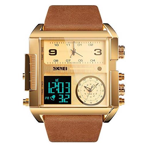 SKMEI orologio sportivo digitale da uomo, con quadrante grande, analogico, al quarzo, con cronometro impermeabile, marrone dorato. , 2.17*2*0.59 inch, casual