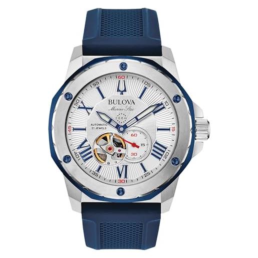 Bulova orologio da uomo marine star automatico con cinturino in silicone blu | 45mm | 98a225, tonalità argento. , 45, orologio automatico