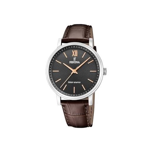 Festina orologio uomo analogico solare con cinturino in pelle marrone - vetro minerale ad alta resistenza - impermeabile 5 atm - orologi da uomo - elegante f20660/6 solar energy