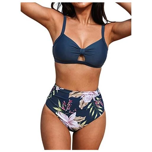 CUPSHE set bikini da donna a due pezzi costume da bagno a vita alta ritagliato incrociato posteriore cravatta arricciatura fondo, blu navy, xl