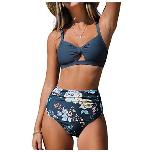 CUPSHE bikini set per le donne due pezzi costumi da bagno a vita alta tagliato crisscross indietro cravatta shirring bottom, nero bianco floreale, l