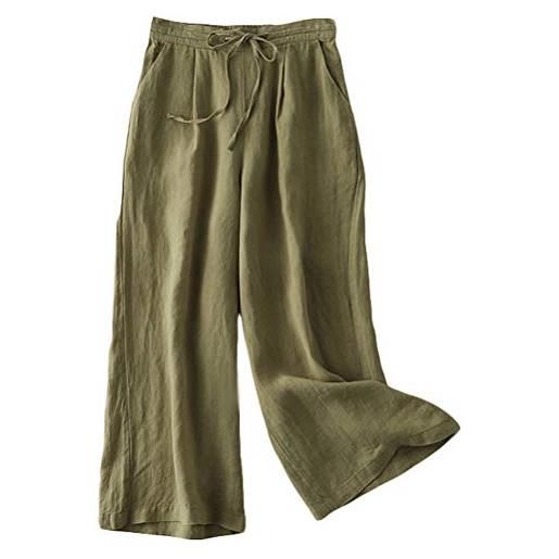 FTCayanz donna pantaloni larghi lino vita alta pantaloni gamba larga estivi con coulisse (xl, army green)