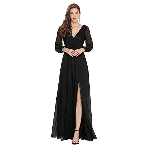 Ever-Pretty vestiti da cerimonia donna elegante manica lunga scollo a v abiti da sera stile impero brillantini nero 54