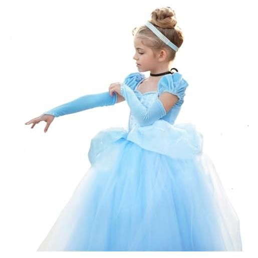 TYHTYM vestito da principessa cenerentola, con maniche a sbuffo, abito per occasioni speciali per bambine di età 2-3 anni, abito in pizzo ultra morbido, vestito per feste di compleanno, blu