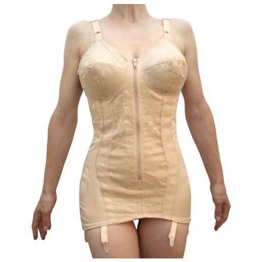 BODYPERFECT body modellante contenitivo donna body snellente busto shapewear corsetto con reggicalze bustino shaper made in italy (nudo, l)