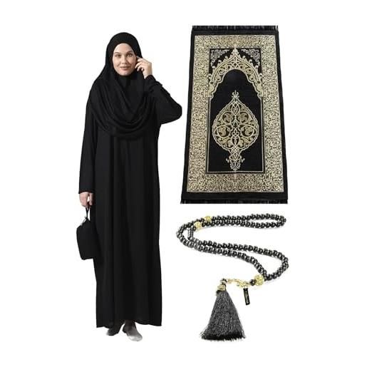 ihvan online abiti musulmani da donna, abito da preghiera islamico a maniche lunghe, tappeto da preghiera e perline, set islamico, blu navy, 3xl/6xl