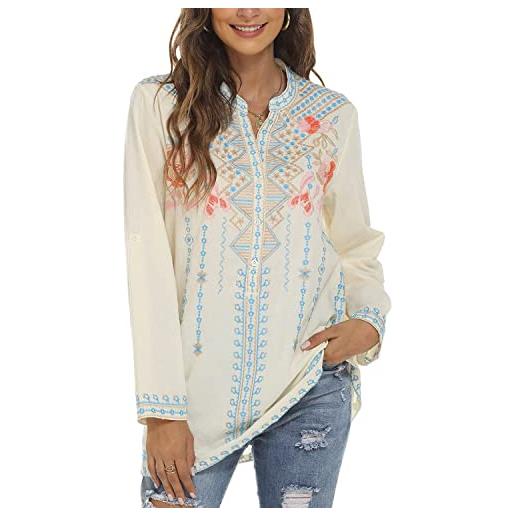 Seasonal donne indiano ricamo tunica bohemian folklore tops cotone manica lunga t-shirt casual loose camicetta(101, grigio, 3xl)