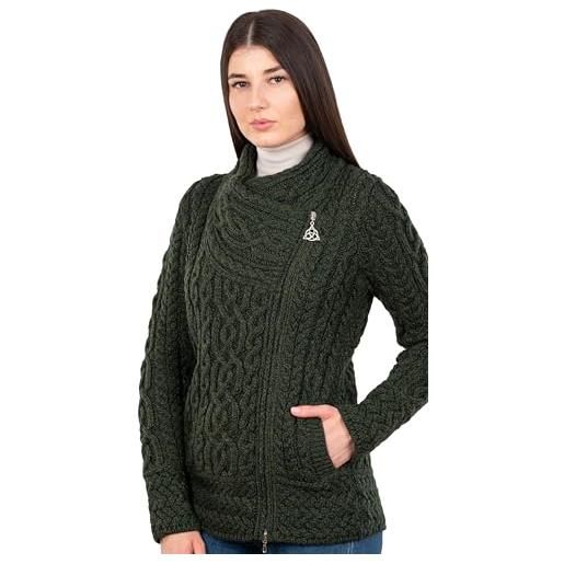 SAOL cardigan irlandese da donna in 100% lana merino irlandese, motivo a treccia, giacca con cerniera, verde militare, xl
