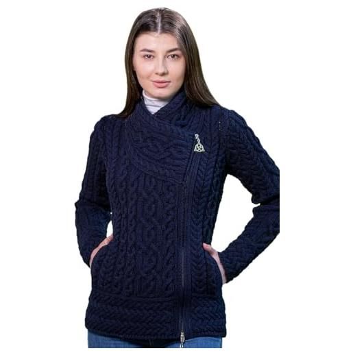 SAOL cardigan irlandese da donna realizzato in 100% lana merino irlandese maglione maglia giacca zip, pastinaca, l