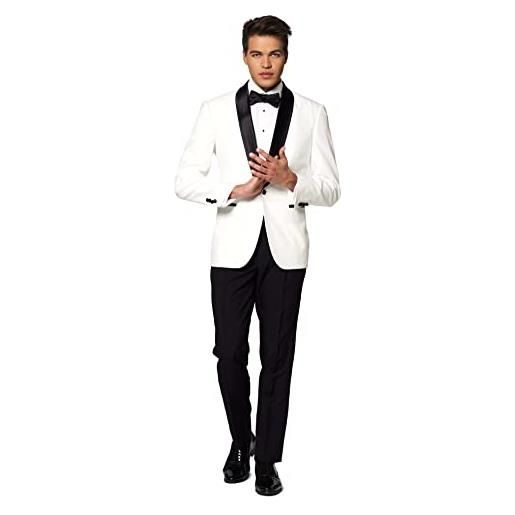 Opposuits completo formale da uomo, abito da smoking di alta qualità, vestibilità aderente, include giacca, pantaloni e papillon, bianco perlato, 50