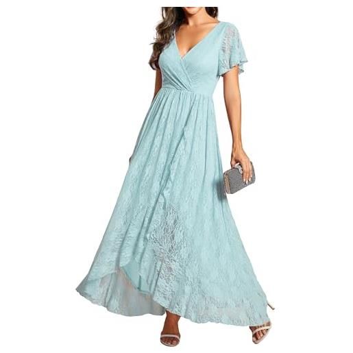 Ever-Pretty vestito da sera donna lungo pizzo scollo a v maniche corte semplice abiti da sera cielo blu 42