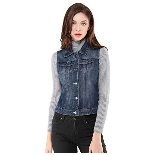 Allegra K donna jeans giacca senza manica abbottonata lavato giubbotto denim con tasche pattina blu xl