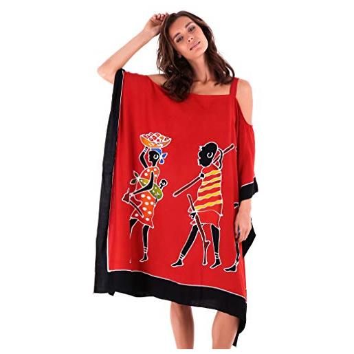 SHU-SHI, donne - costume da bagno corto con poncho caftano tagliato a spalle scoperte rosso