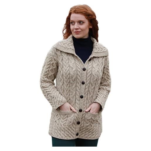 Aran Woollen Mills aran cardigan in maglia irlandese per donna maglione lungo in lana merino 100% made in ireland (naturale, s)