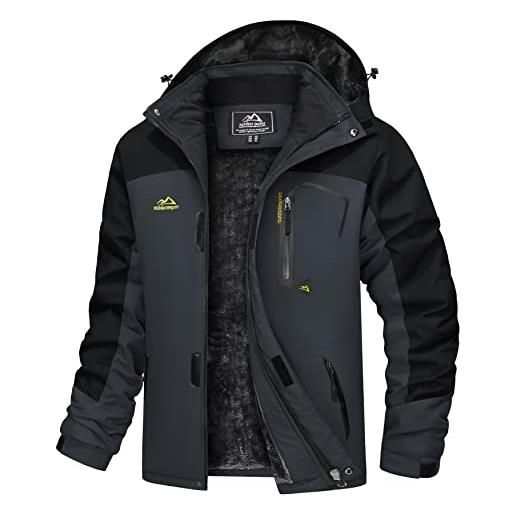 TACVASEN giacca impermeabile traspirante da alpinismo outdoor da uomo con tasca con cerniera, nero grigio, xl