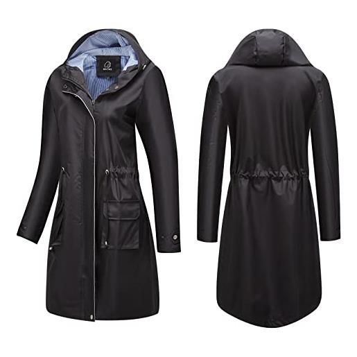 BOUTIKS giacca da pioggia lunga da donna, giacca a vento outdoor trench, giacche impermeabile con cappuccio, giacca di transizione con fodera traspirante, nero, s