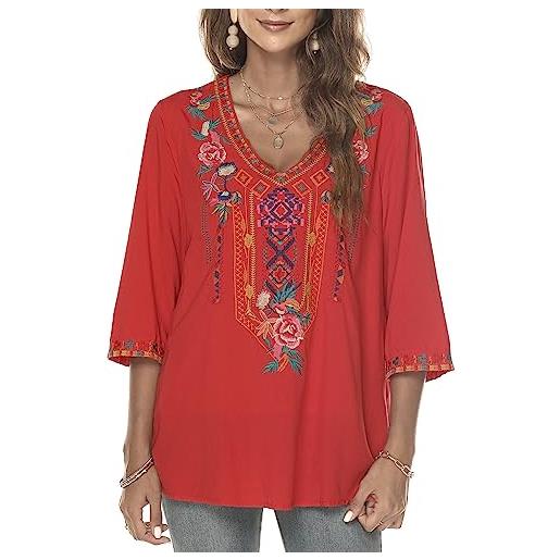 Vakakado abbigliamento hippie da donna folklore boemo camicetta ricamata tunica manica a 3/4 scollo a v top estivo casual（054, nero, 2xl）