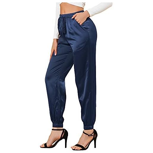 Allegra K pantaloni da lavoro da donna con coulisse elastica in vita athleisure pantaloni da allenamento alla caviglia in raso con tasca, blu reale, l
