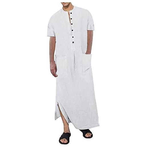 YAOHUOLE abaya - abito lungo da uomo, a maniche corte, abaya, con bottoni, spacco laterale e tasche, bianco, l