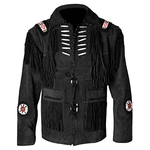 NAYA Leather naya - giacca da uomo tradizionale da cowboy, in pelle scamosciata, marrone con frange, marrone cammello, xx-large