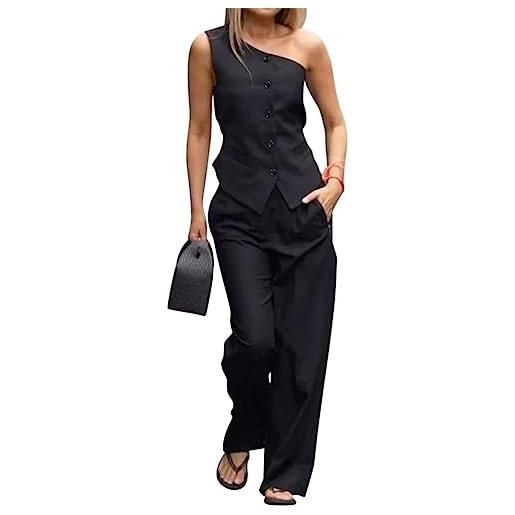 Onsoyours tailleur donna eleganti estivi 2 pezzi tailleur pantalone tute complete gilet con bottone e pantaloni a vita alta casuale chic da lavoro streetwear b nero l