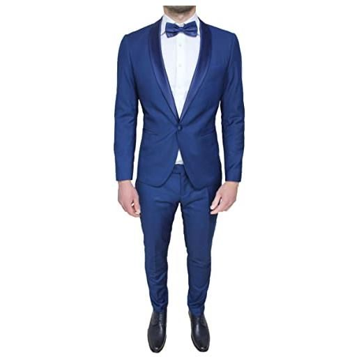 Evoga abito uomo raso blu completo slim fit smoking elegante cerimonia (blu scuro, 50)