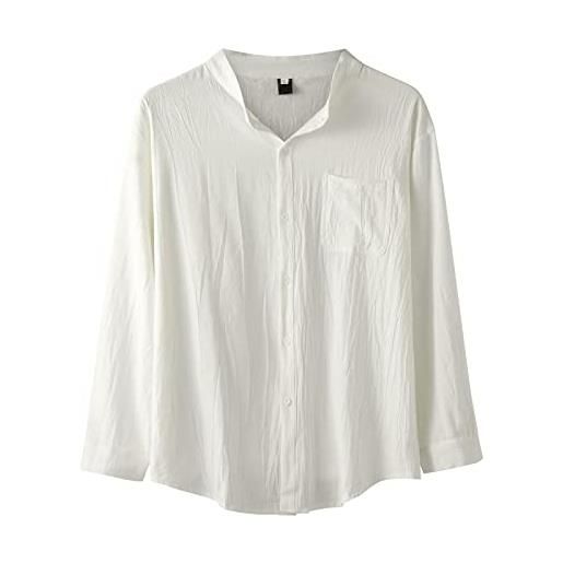 Xmiral camicetta camicie top da uomo colletto alla coreana camicia casual a maniche lunghe a maniche lunghe colletto monopetto (4xl, bianco)