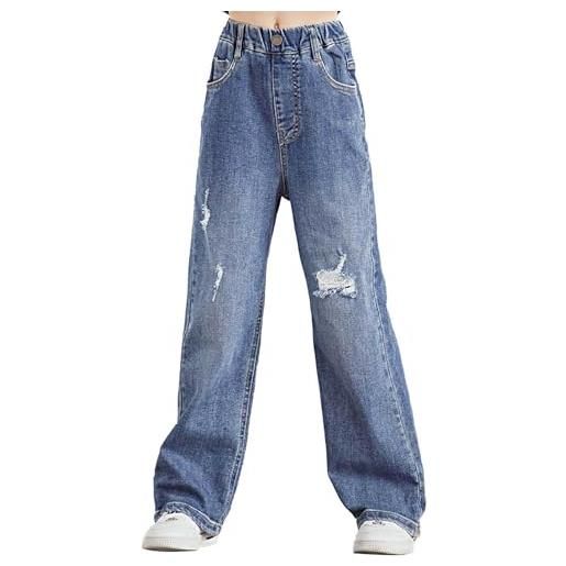 Agoky jeans a zampa vita elastica in cotone bambina con strappi pantaloni flare eleganti pantaloni larghi da ragazza elasticizzati blue 4 11-12 anni