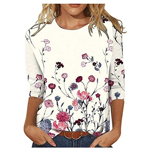 Xmiral blusa da donna a manica con collo a v vintage t-shirt donna moda floreale stampata maniche di media lunghezza girocollo casual (m, 8rosa)